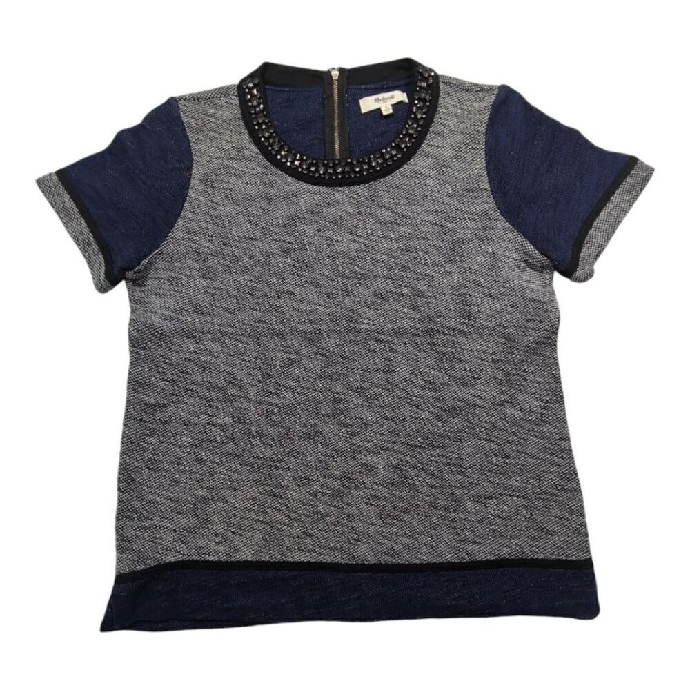 Madewell Beaded Collar Short Sleeve Top Luxury 100% Cotton Gray & Navy Size S